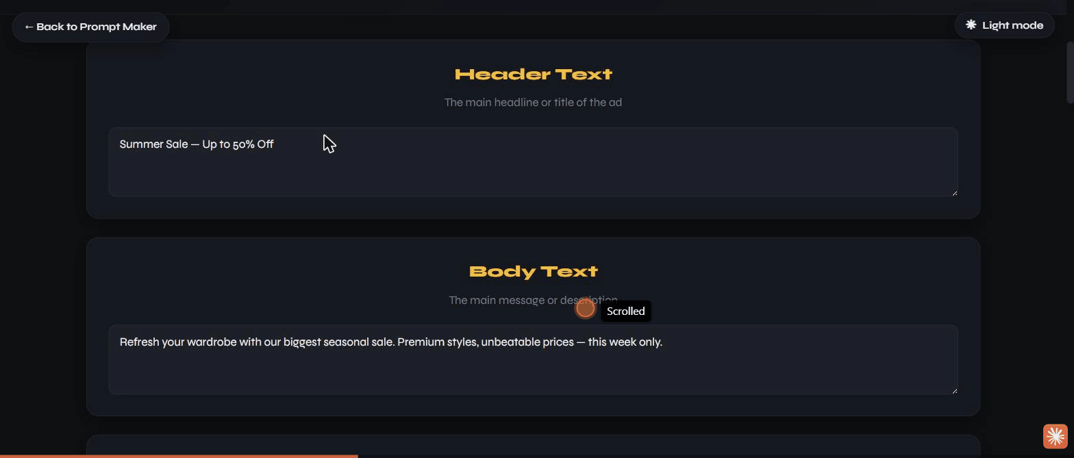 The ad copy form filled in