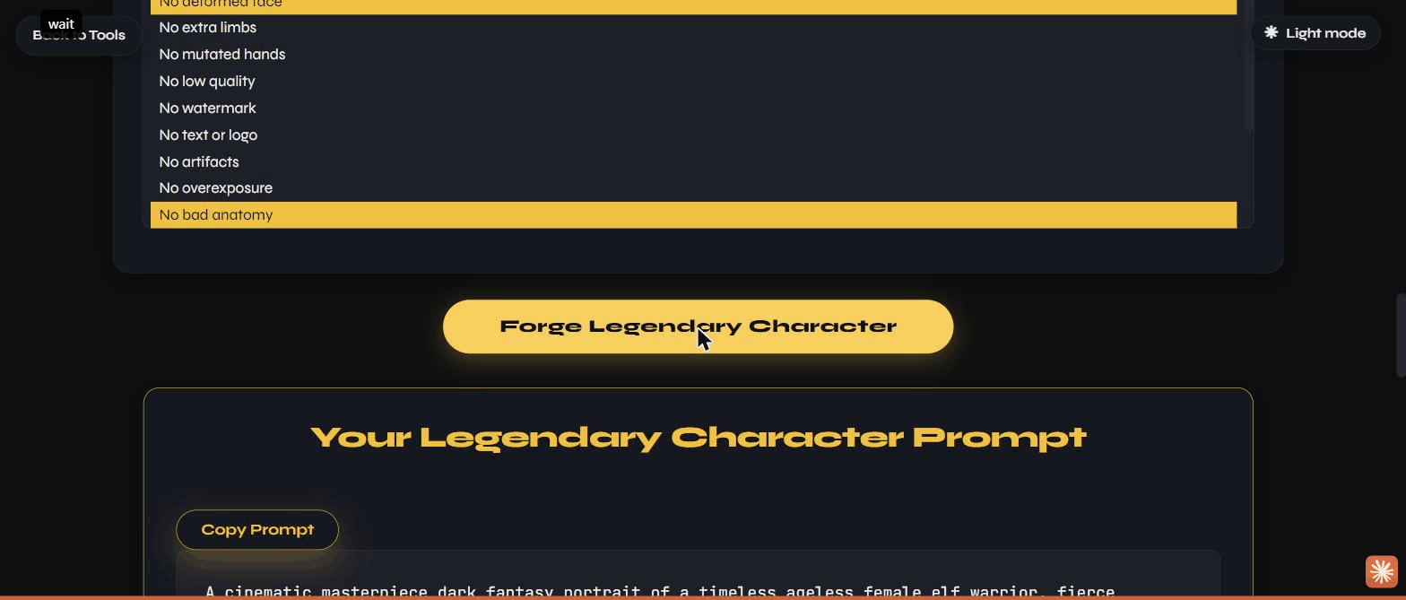 The generated character prompt