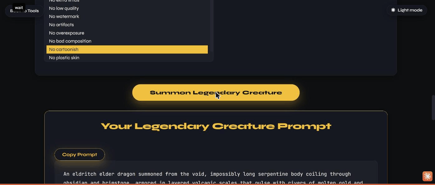 The generated creature prompt