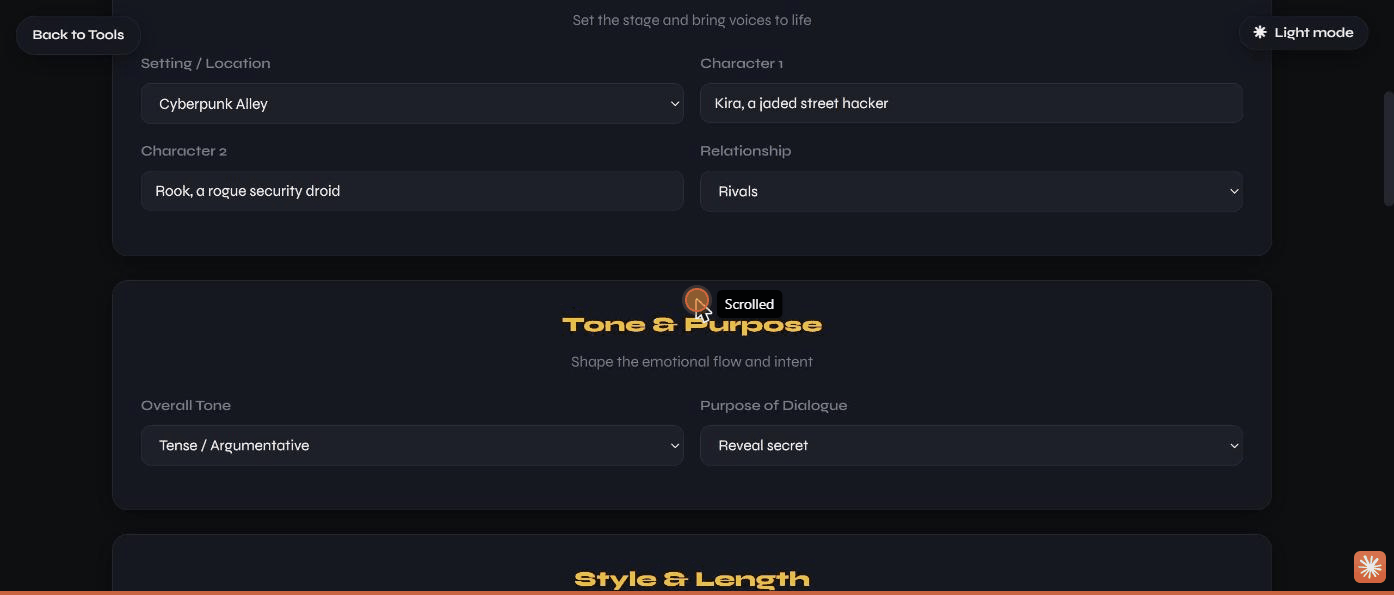 The Dialogue Writer form filled in