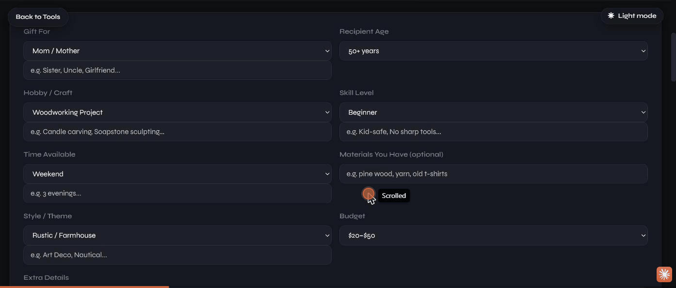 The project setup form