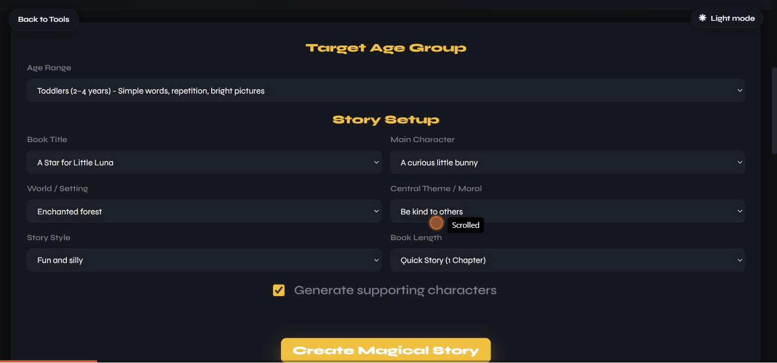 The generator form with age group and story setup