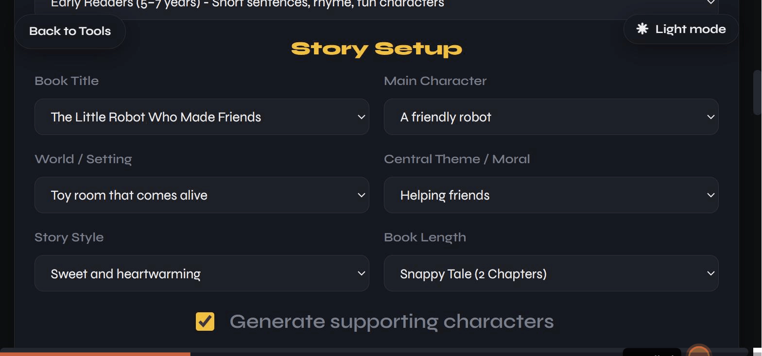 The form filled in with an example story