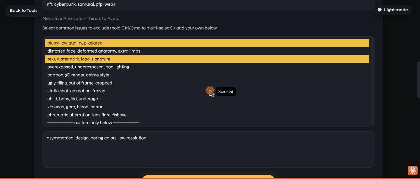 The NFT Generator form filled in