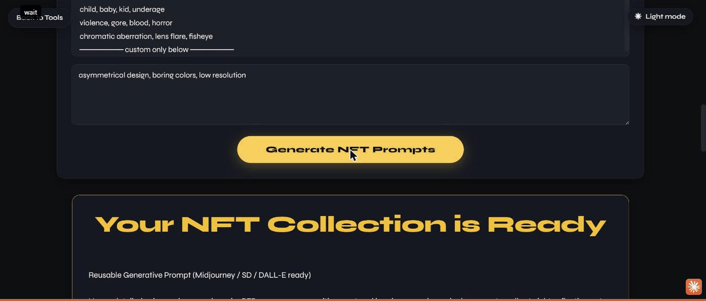 The generated NFT prompt and metadata