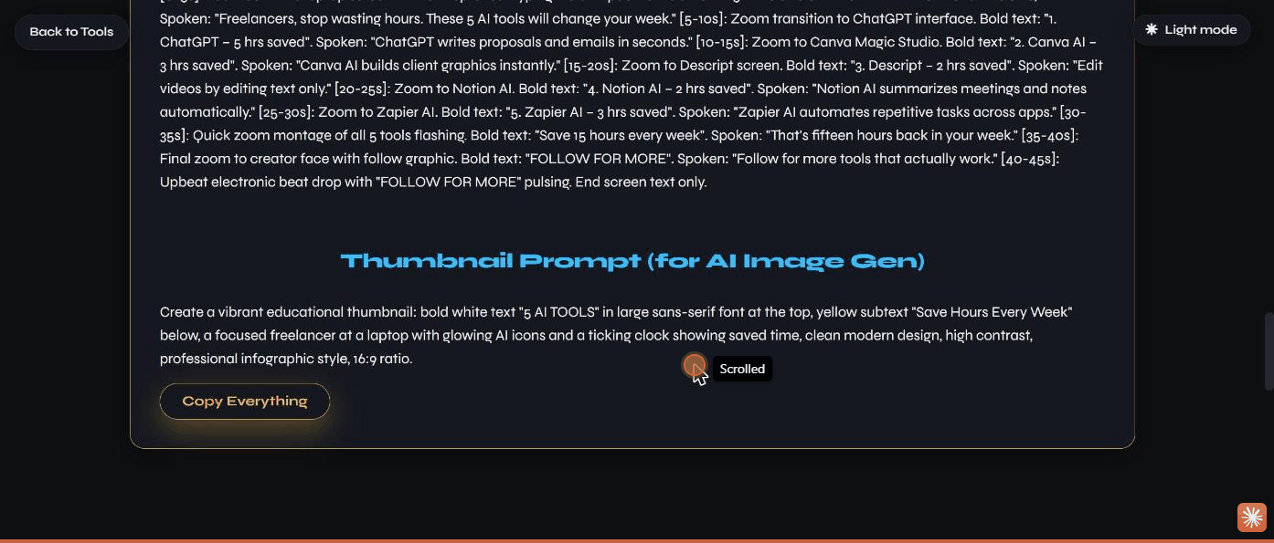 The generated script and thumbnail prompt