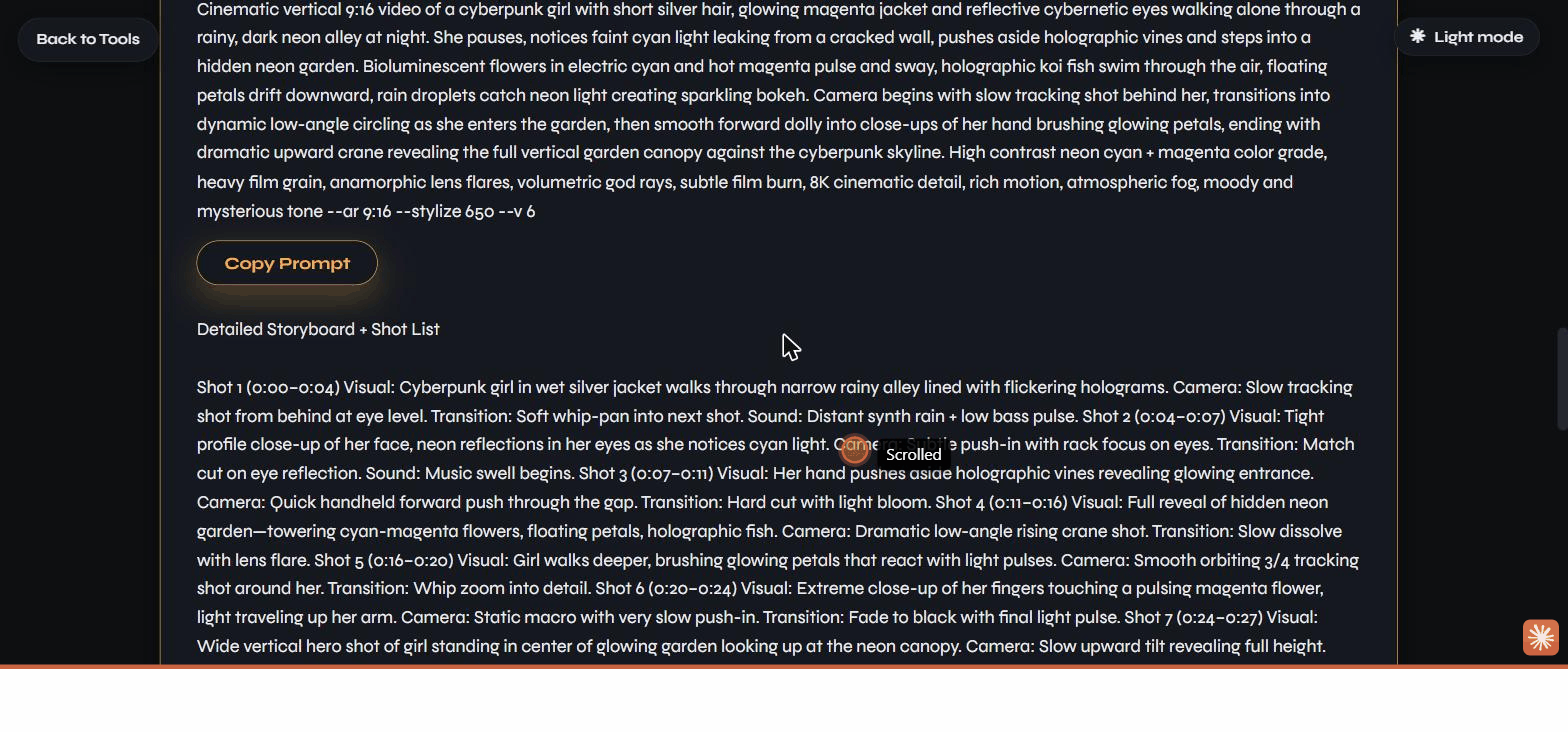 The generated prompt and storyboard