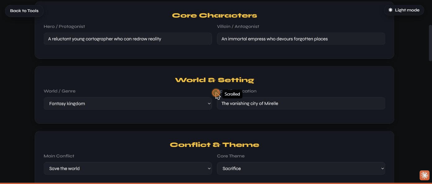 The Story Generator form filled in