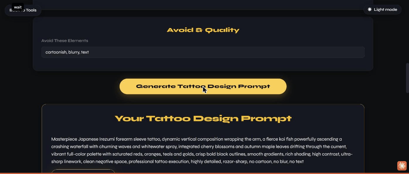 The generated tattoo prompt and description