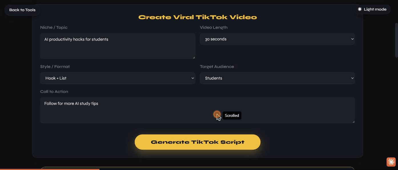 The TikTok setup form