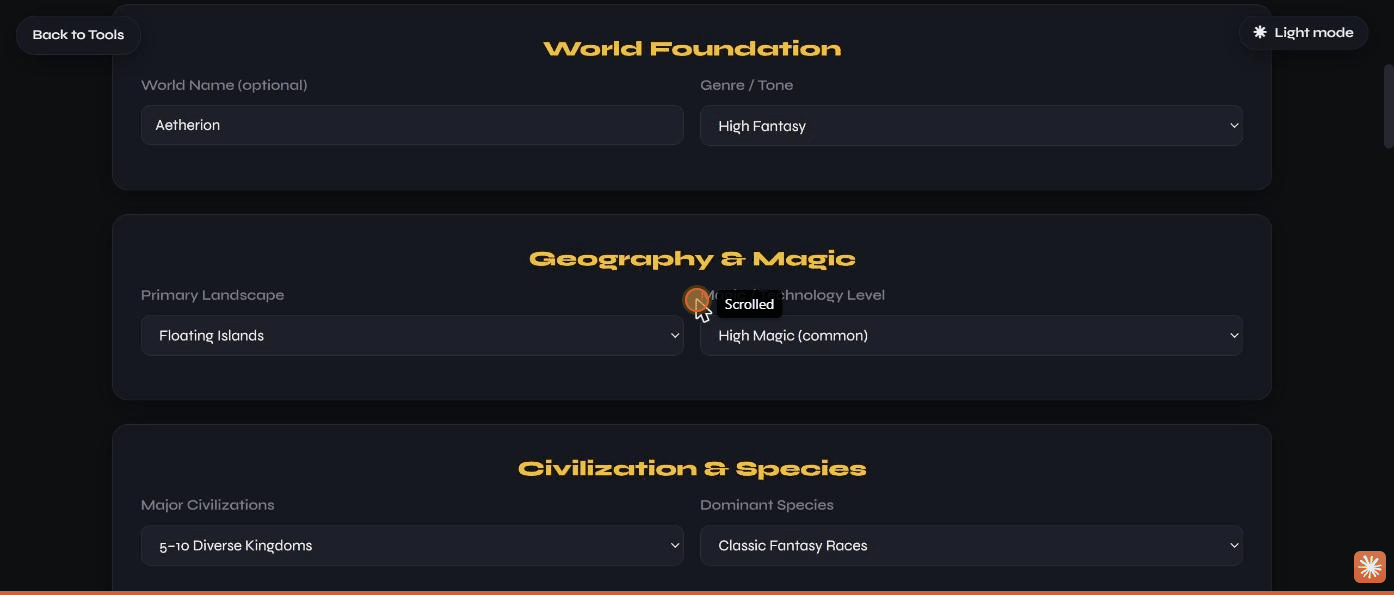 The World Builder form filled in